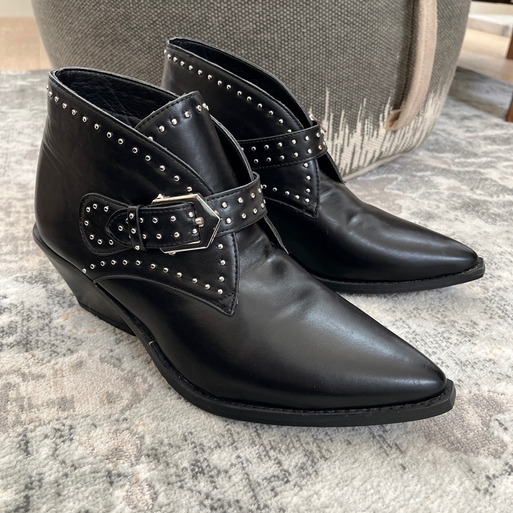 SEVEN7 Dallas Ankle Boot Faux Black Leather Silver Studs Stacked Heel Western